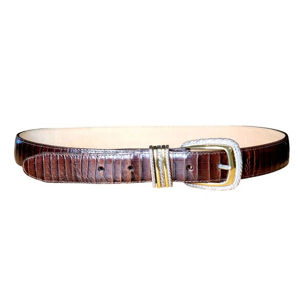 Brighton Women Size ML 32 Brown Croc Leather Silver Gold Buckle Loop Silverplate - Picture 1 of 9